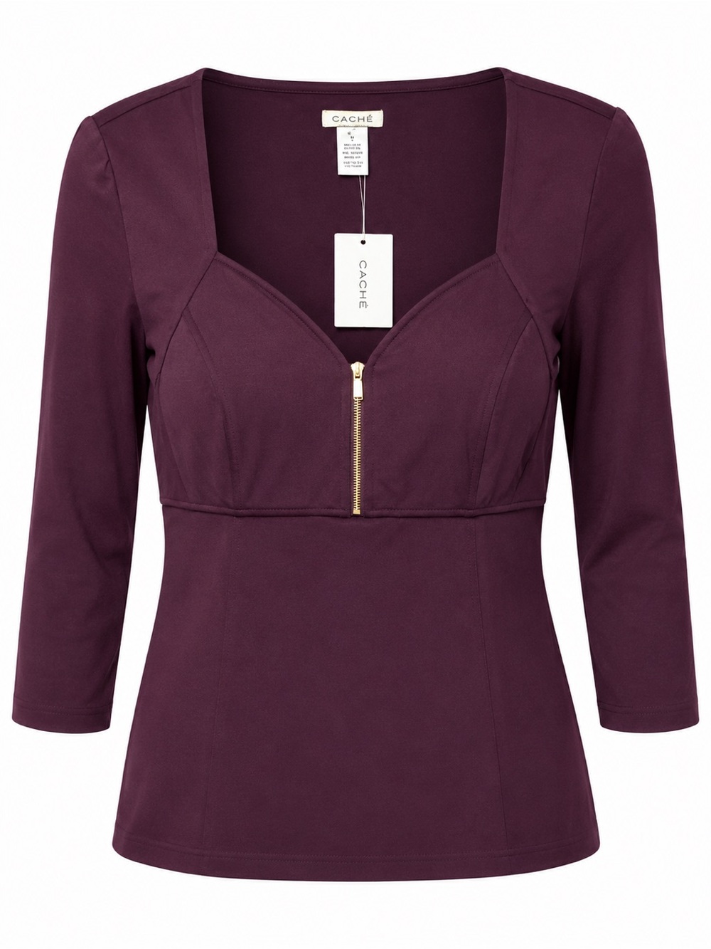Cache NWT Plum Zip Front Bustier Coquette Knit Top Sweetheart Neck 3/4 Sleeve - Picture 2 of 4